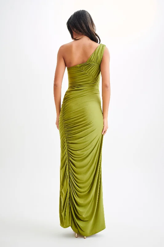 Capri Gathered Slinky Maxi Dress - Vintage Olive