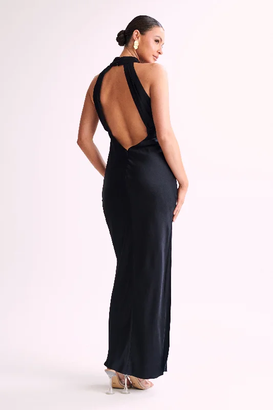 Claire Satin Drape Back Maxi Dress with Split - Black