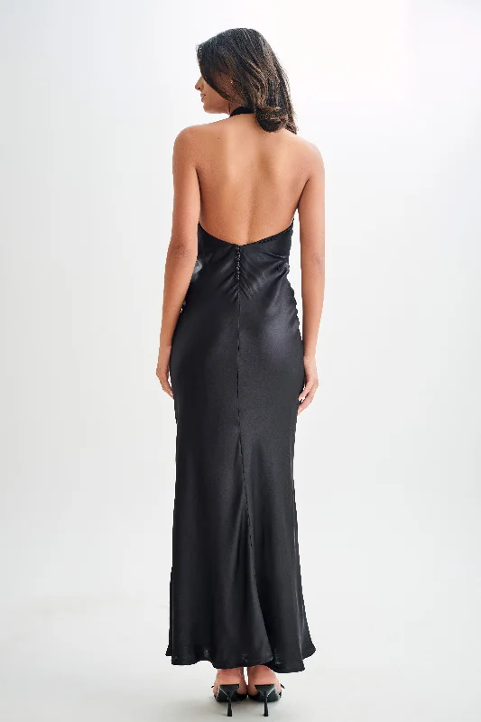 Esther Iridescent Satin Cowl Maxi Dress - Black