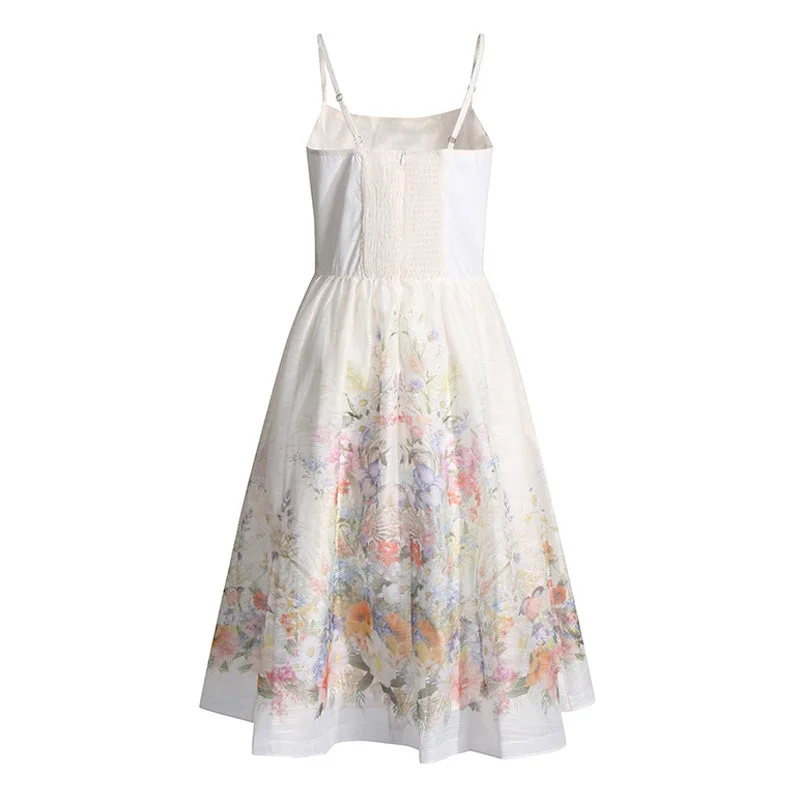 French Style Square Neck Smocked Corset Floral Printed Midi Sundress