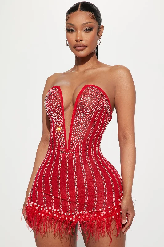 Glammed Up Embellished Mini Dress - Red