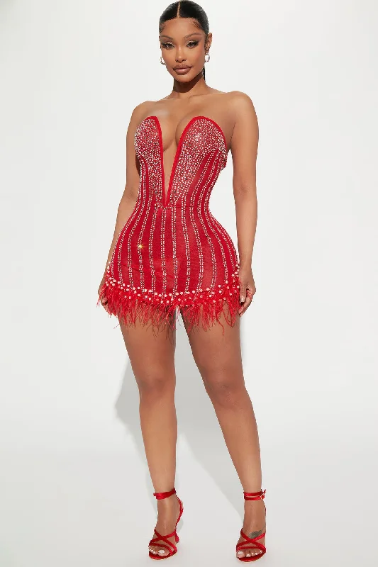 Glammed Up Embellished Mini Dress - Red