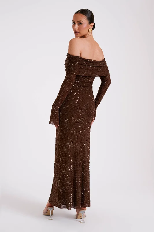 Marcel Off Shoulder Diamante Maxi Dress - Chocolate