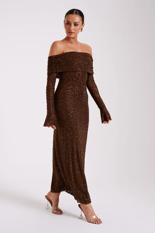 Marcel Off Shoulder Diamante Maxi Dress - Chocolate