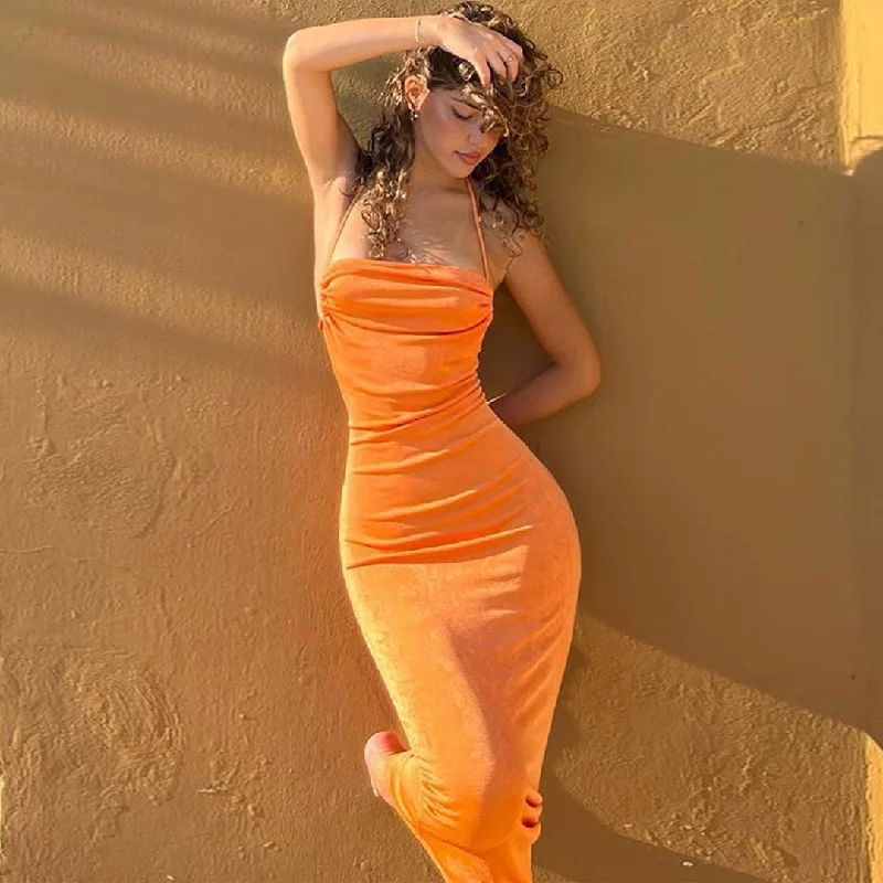 Pretty Cowl Neck Strappy Draped Maxi Dress - Bright Orange