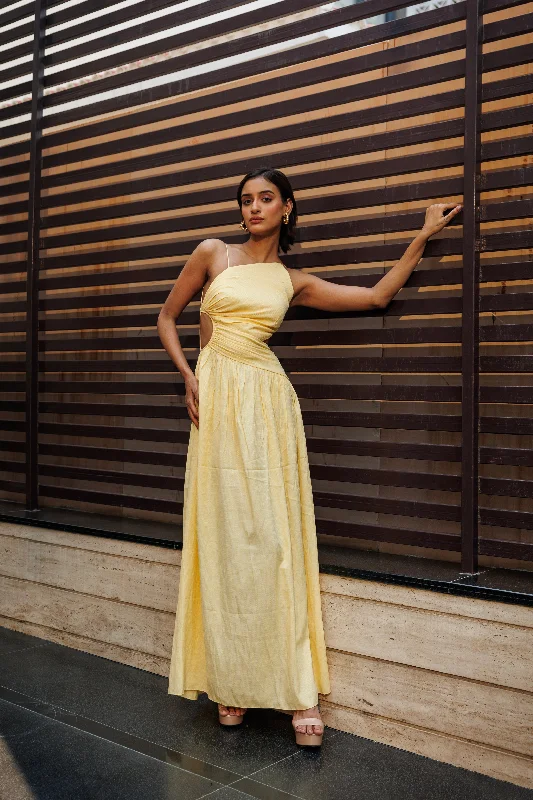 New money - yellow backless maxi dress