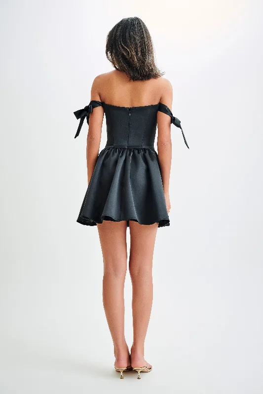 Rita Satin Mini Dress With Bow Sleeves - Black