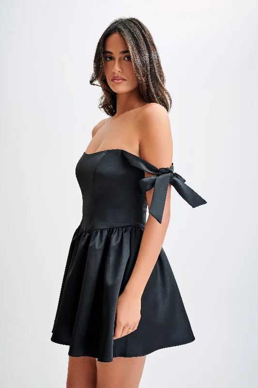 Rita Satin Mini Dress With Bow Sleeves - Black