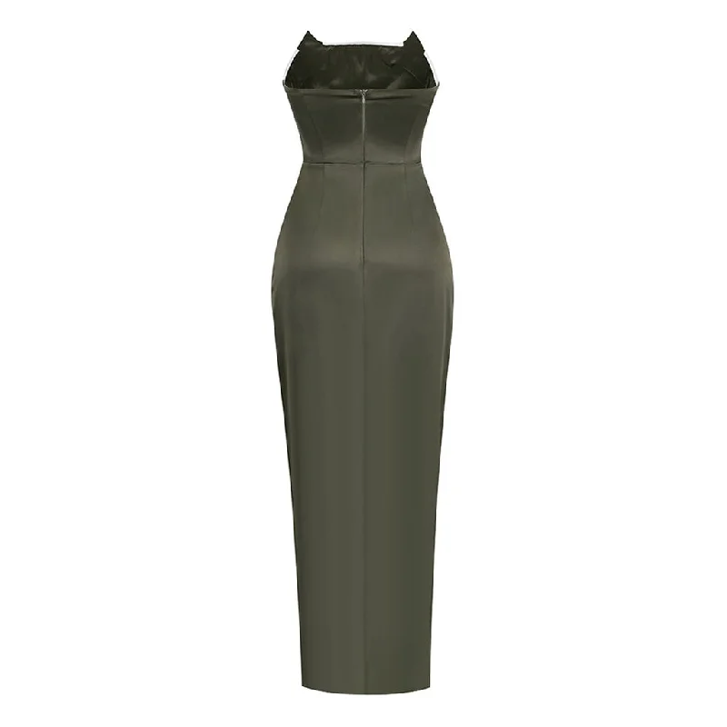 Sexy Corset Drop Waist Draped Waist Front Split Midi Satin Strapless Cocktail Dress