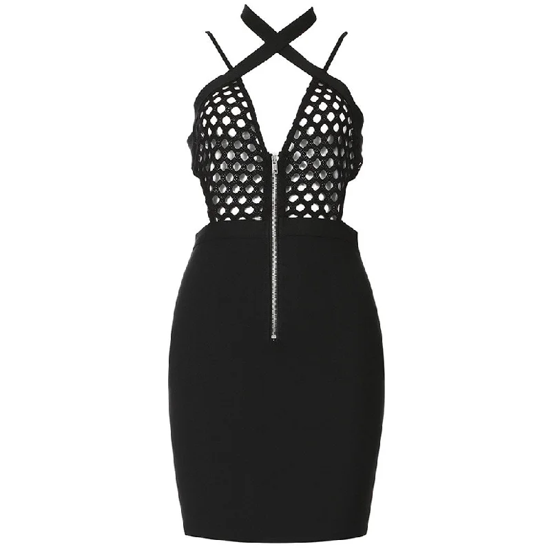 Unique Netted Halter Neck Cutout Bodycon Bandage Mini Dress - Black